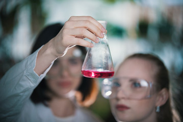 Chemical laboratory. Two young woman holding a flask with pink fluid in it. Flask in focus