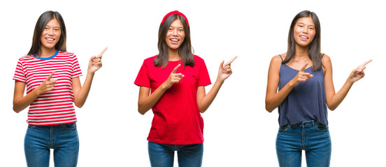 Obraz premium Collage of chinese asian woman over isolated background smiling and looking at the camera pointing with two hands and fingers to the side.
