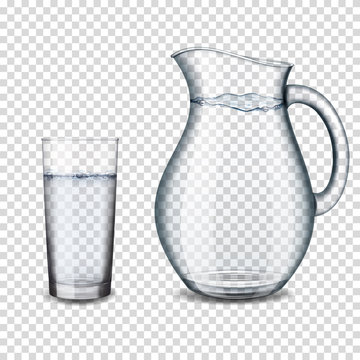 realistic transparent glass and jug with water isolated