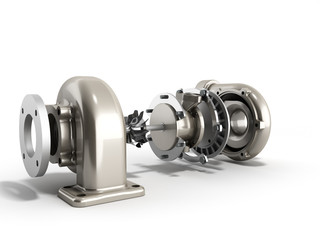 Automotive turbocharger turbine 3d render on white © nosorogua