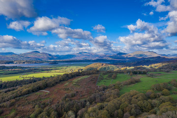 Overhead aerial view of countryside and mountains in North Wales