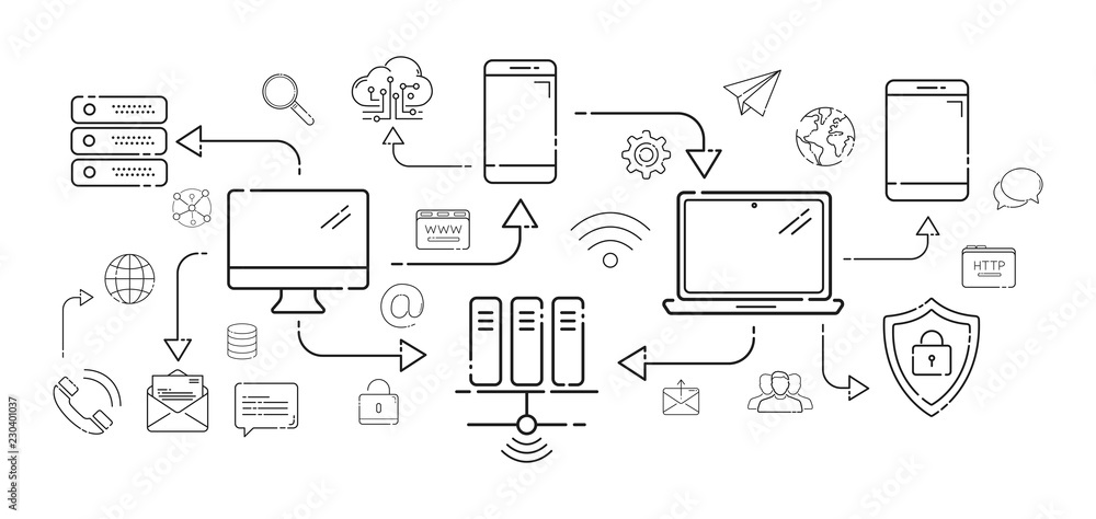 Aufkleber multimedia tech devices and icons thin line connection on white background
