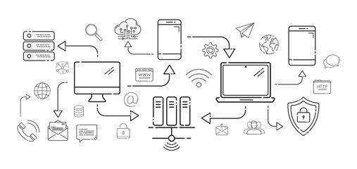 Multimedia tech devices and icons thin line connection on white background - obrazy, fototapety, plakaty
