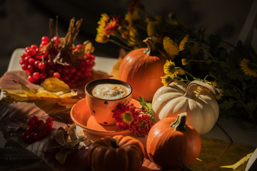 Obraz na płótnie Canvas Aromatic coffee in a red cup and autumn lsitja, mini pumpkins and berries. Dark photo.Autumn still life.