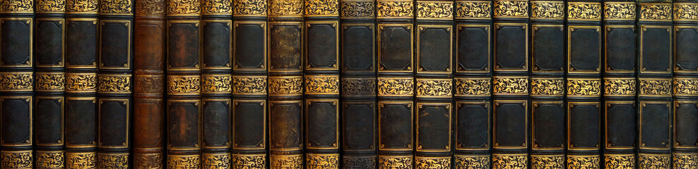 Panorama of antique books on the shelf