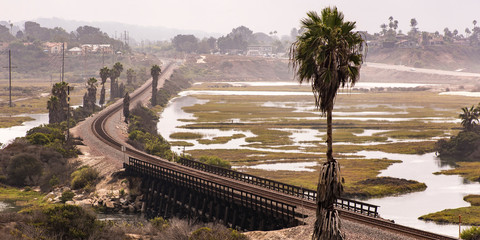 Train track and bridge over a lagoon in Carlsbad