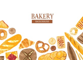 Horizontal background decorated with hand drawn breads, baked products and sweet pastry of various types on white background. Colorful vector illustration for bakery advertisement, promotion.