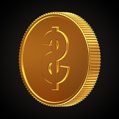 Golden coin with dollar symbol rotated 140 degrees horizontally isolated on black background.
