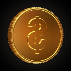 Golden coin with dollar symbol rotated 200 degrees horizontally isolated on black background.