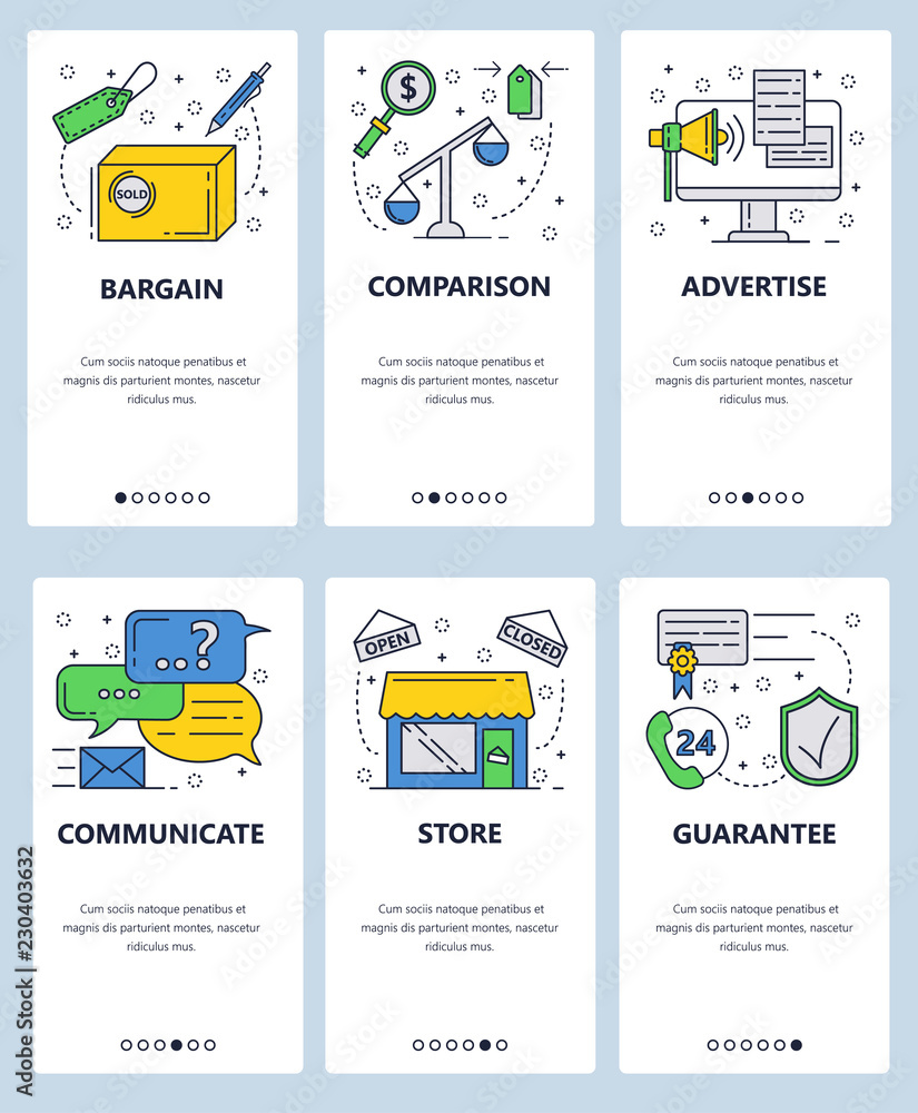 Poster vector web site linear art onboarding screens template. shopping and sales advertisement. call cente