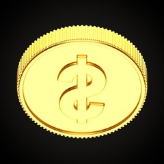 Golden coin with dollar symbol rotated 220 degrees vertically isolated on black background.