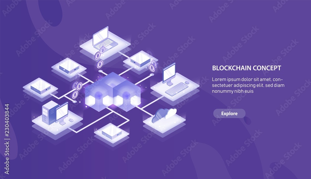 Fototapete Horizontal banner template with computers connected into blockchain formation or Bitcoin network and place for text. Isometric vector illustration for cryptocurrency service internet advertisement.