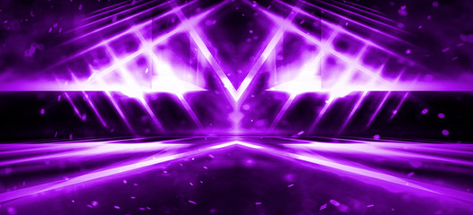 Empty stage background in purple color, spotlights, neon rays. Abstract background of neon lines and rays.