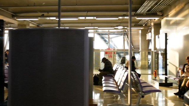 4K. airport terminal gate at sunset time with dolly shot. travel and transportation business footage background