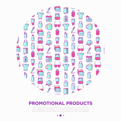 Promotional products concept in circle with thin line icons: notebook, tote bag, sunglasses, t-shirt, water bottle, pen, backpack, cup, hat, travel mug. Vector illustration, print media template.
