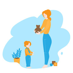 Charity and volunteering. Cartoon volunteer Woman donate toy to orphanage. Girl adopting homeless boy in Children Shelter