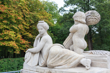 Royal Lazienki Park in Warsaw. Sculpture depicting personification of Vistula is on terrace in front of  Palace on  Island.Its designed by Ludwik Kauffman, was set in 1855 - obrazy, fototapety, plakaty