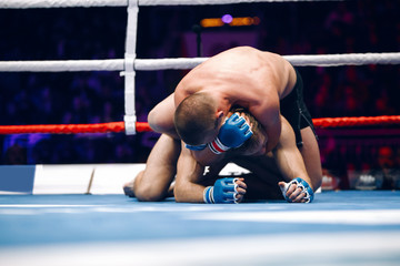 Mixed martial fighters on the ground of arena during competition. Two MMA fighters fight on floor...