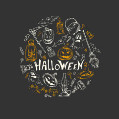 Halloween party collection, vector hand drawn element. Sketch design, isolated.