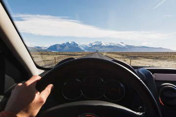 View from driver's seat over Skaftafellsjokull part of Vatnajokull glacier in Skaftafell national...