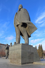 Monument to the leader of the world proletariat Vladimir Lenin against the sky in Novosibirsk
