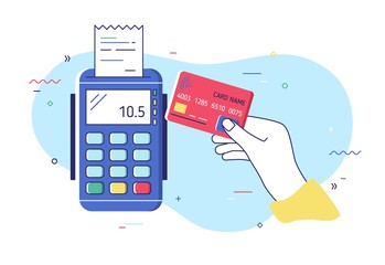 Hand holding debit or credit card, waving it over electronic terminal or reader and paying or purchasing. Contactless payment system or technology. Colorful modern vector illustration in flat style.