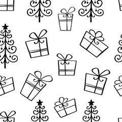 Vector seamless pattern with hand drawn gift boxes and Christmas tree