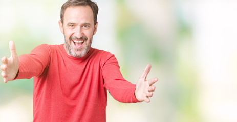 Handsome middle age hoary senior man wearing winter sweater over isolated background looking at the camera smiling with open arms for hug. Cheerful expression embracing happiness.