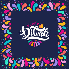 Bright festive vector text happy Diwali, diya lamp, candle flame in Decorative ornament square frame. Lettering Diwali