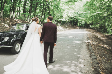 Fototapeta premium Perfect couple bride, groom posing and kissing in their wedding day