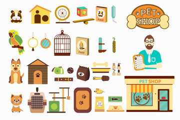 Set of icons with pet shop, seller, parrot, dog, cat, hamsters and goods for pets.