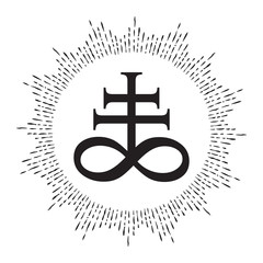 Hand drawn Leviathan Cross alchemical symbol for sulphur, associated with the fire and brimstone of Hell. Black and white isolated vector illustration. Blackwork, flash tattoo or print design.