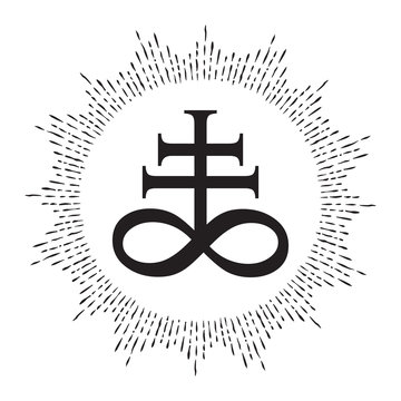 Naklejki Hand drawn Leviathan Cross alchemical symbol for sulphur, associated with the fire and brimstone of Hell. Black and white isolated vector illustration. Blackwork, flash tattoo or print design.
