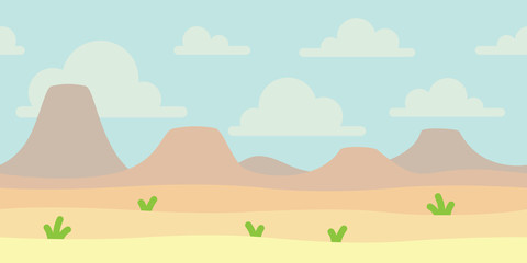 Soft nature landscape with blue sky, desert, volcanoes or mountains. Empty space. Nobody. Vector illustration in simple minimalistic flat style. Scene for your artwork, design. Horizontal. Seamless