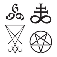 Set of occult symbols Leviathan Cross, pentagram, Lucifer sigil and 666 the number of the beast hand drawn black and white isolated vector illustration. Blackwork, flash tattoo or print design.