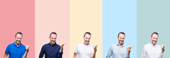 Collage of senior hoary handsome man over colorful stripes isolated background smiling with happy face looking and pointing to the side with thumb up.