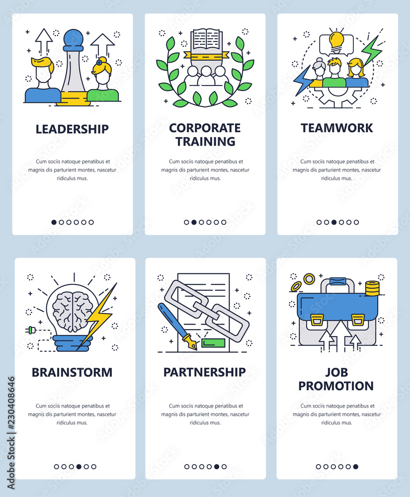 Poster vector web site linear art onboarding screens template. business partnership, corporate training and