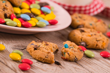 Candy coated cookies.