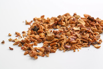 Still life, aromatic dry tea with fruits and petals