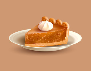 Pumpkin pie on plate. Traditional dessert for Thanksgiving dinner. Vector illustration.