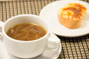  French onion soup, with cheesy croutons.