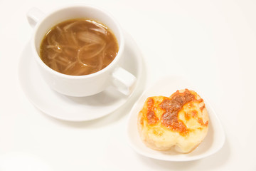  French onion soup, with cheesy croutons.