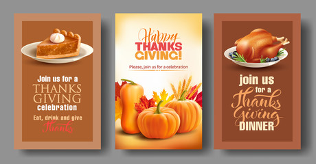 Design templates for Thanksgiving dinner invitation. Vector set. 