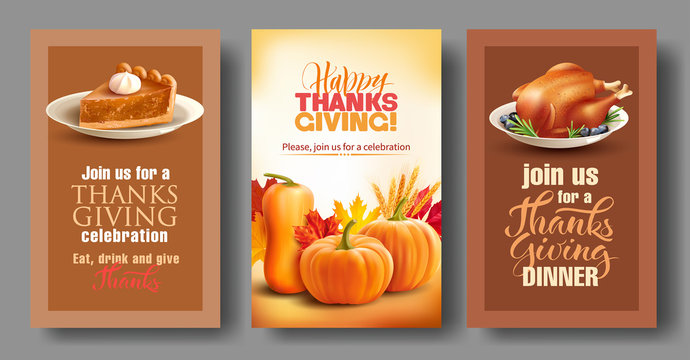 Design Templates For Thanksgiving Dinner Invitation. Vector Set. 