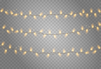 Yellow festive garlands of decorative lanterns on transparent background.