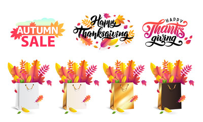 Vector set autumn fallen leaves in gift shopping bags gold, white, black. Thanksgiving lettering set, text autumn sale.