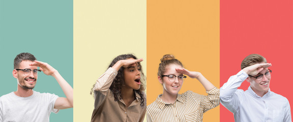 Collage of a group of people isolated over colorful background very happy and smiling looking far...
