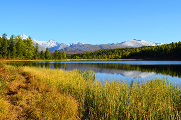 Altai. Mountain lake Кidely, views of the Kurai ridge