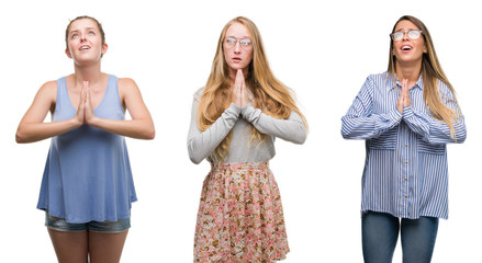 Fototapeta premium Collage of group of blonde women over isolated background begging and praying with hands together with hope expression on face very emotional and worried. Asking for forgiveness. Religion concept.