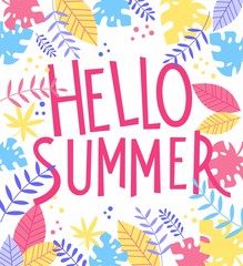 Hello summer card with tropical colorful leaves